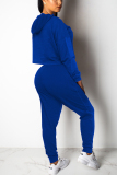 Blue Casual Sports Crop Loose Sweater Print Two Piece Suit
