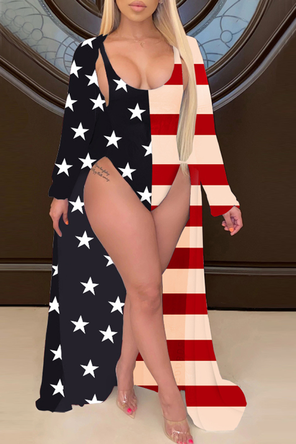 Blue Sexy American Flag Stars Print Swimsuit Set Long Kimono Cardigan