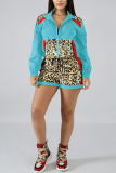 Light Blue Casual Fashion Sports Leopard Stitching Two-Piece Suit