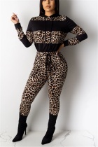 Brown adult Fashion Casual Two Piece Suits Patchwork Print Leopard Straight Long Sleeve Two-pie