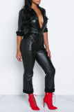 Black Sexy Fashion Pocket Asymmetrical Solid PU Long Sleeve V Neck Jumpsuits