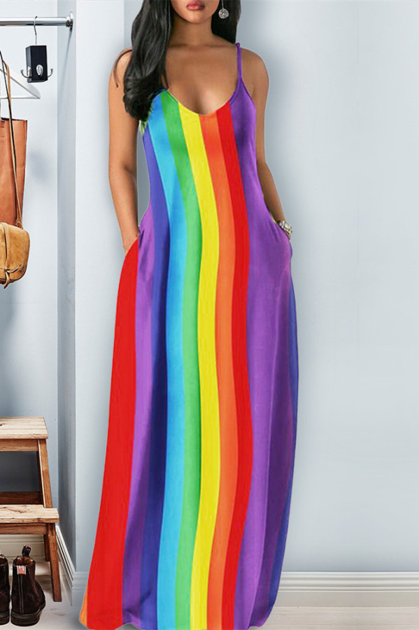 Rainbow Stylish Casual Striped Dress