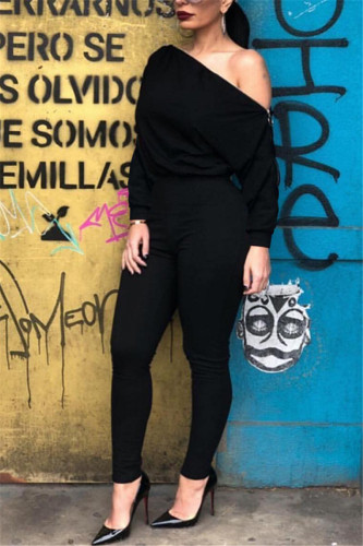 Black Casual zipper Solid Long Sleeve one word collar Jumpsuits