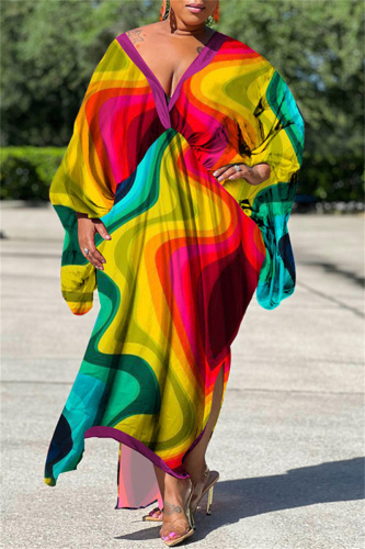 Orange Yellow Casual Print Patchwork V Neck Irregular Dress Plus Size Dresses