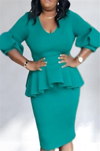 Green Fashion Large Size Ruffled Hip Dress