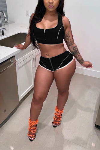 Black Sexy Fashion Zippered Solid Two Piece Suits asymmetrical Slim fit crop top Skinny Sleevele