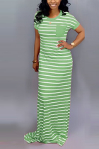 Green Sexy Lovely Striped Short Sleeve Dress