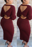 Grey Sexy Solid Color Long Sleeves Slim Backless Dress