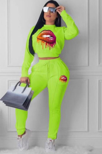 Fluorescent green OL Two Piece Suits Print pencil Long Sleeve Two-piece Pants Set