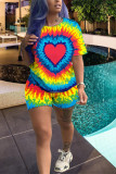 Multi-color Cute Fashion Casual Print Two Piece Suits Geometric Patchwork Gradient Striped Loose Short