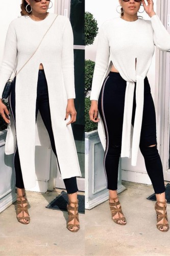 Creamy-white Fashion Round Neck Long Sleeve Irregular Sweater