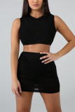 Black Sexy O Neck Vest Short Skirt Two-piece Set