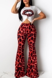 Red Fashion Sexy Leopard Print Lip Two-Piece Suit