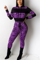 purple adult Fashion Casual Two Piece Suits Patchwork Print Leopard Straight Long Sleeve Two-pie