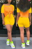 Yellow Fashion Casual Stitching Short Sleeve Top Set