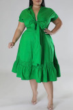 Green Casual Solid Patchwork Fold With Bow V Neck A Line Plus Size Dresses