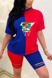 BlueRed Fashion Casual Printed T-shirt Patchwork Set