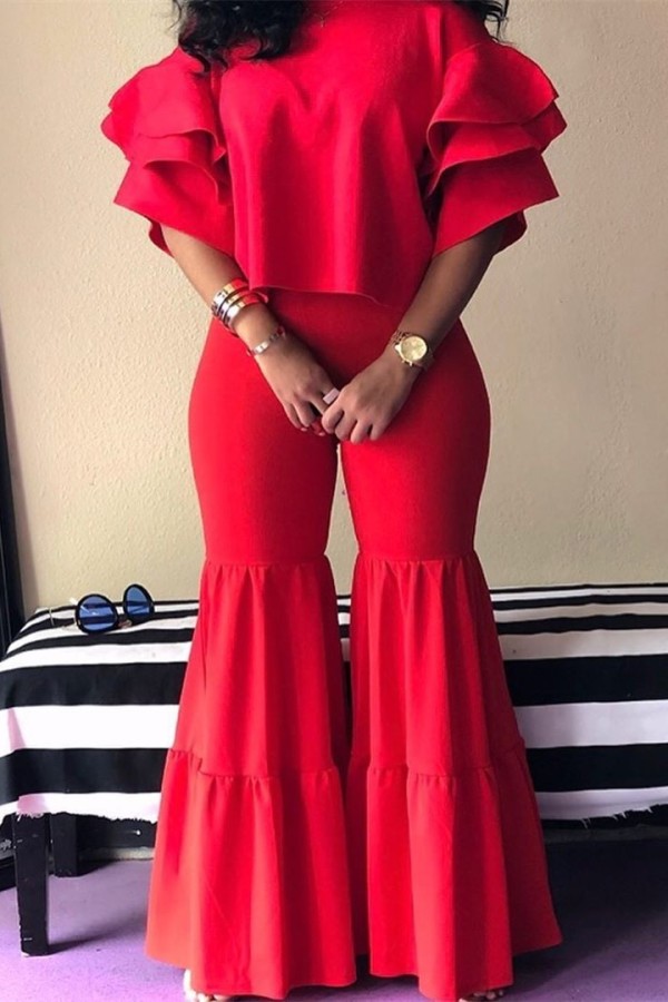 Red Fashion Casual Wide Leg Pants Two-piece Set
