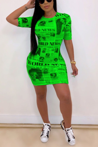 Green Sexy Cap Sleeve Short Sleeves O neck Step Skirt Mini Patchwork Print Club Dresses