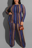 Wine Red Sexy O Neck Two Piece Suits Print Striped Stripe Plus Size Two Pieces
