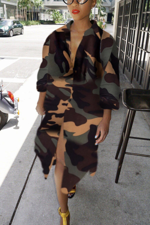 Green Street Shirt sleeves Long Sleeves V Neck cake dress Mid-Calf camouflage Print Club Dresse