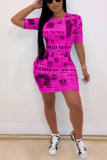 rose red Sexy Cap Sleeve Short Sleeves O neck Step Skirt Mini Patchwork Print Club Dresses