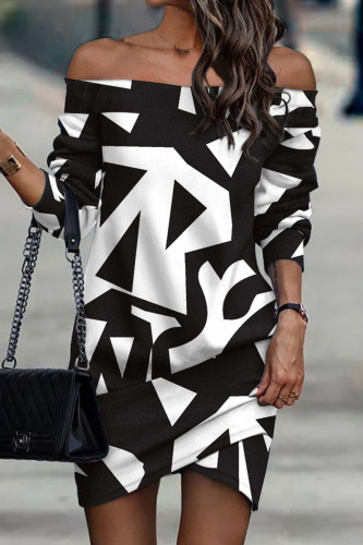 Black Casual Print Patchwork Off the Shoulder Straight Dresses