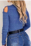 Blue Sexy O Neck Solid Color Waist Long Sleeve Top