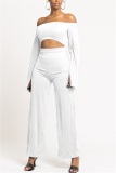 White Fashion Solid Color Long Sleeve Umbilical One-Shoulder Jumpsuit