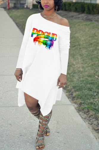 White adult Fashion Sexy One Shoulder Long Sleeves one shoulder collar Swagger Mid-Calf Print Ch