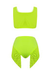 Fluorescent green Tassel Solid Patchwork Sexy Fashion Tankinis Set