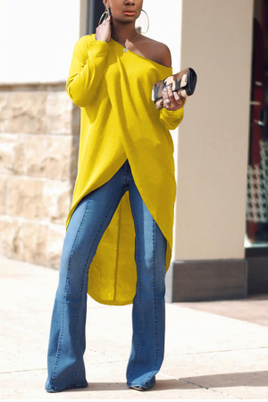Yellow adult Casual Fashion Cap Sleeve Long Sleeves O neck Asymmetrical Mid-Calf asymmetrical hol