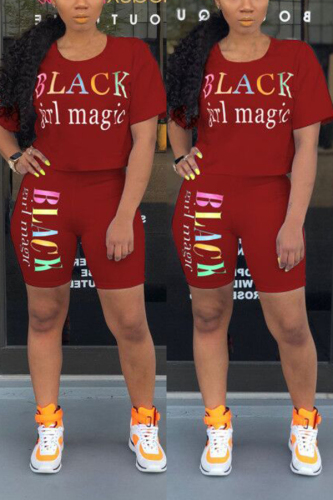 Wine Red Fashion Casual Printed Letter Sports Set