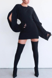Red Casual Bubble sleeves Long Sleeves O neck Hip skirt skirt ruffle Solid hollow out Patchwor