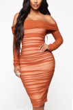 Caramel Fashion Sexy Solid Color Off Shoulder Long Sleeve Dress
