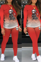 Red Party Print Skull O Neck Long Sleeve Two Pieces