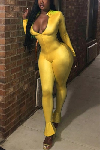 Yellow street Solid zipper Milk. Long Sleeve O Neck Jumpsuits
