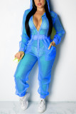 Blue Sexy Fashion Patchwork Solid Mesh Long Sleeve V Neck Jumpsuits