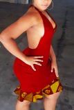 Red Fashion Sexy Tank Sleeveless O neck A-Line skirt Patchwork Print Club Dresses