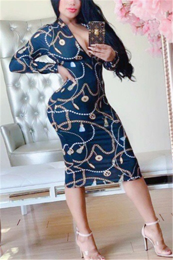 Dark Blue Fashion Sexy V-Neck Print Chain Long-Sleeved Dress