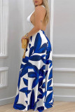 Blue Sexy Casual Patchwork Print Bandage Backless Oblique Collar Regular Jumpsuits