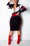 Black Sexy Fashion Cap Sleeve Long Sleeves Turndown Collar Step Skirt Knee-Length chain Patchwork Print C