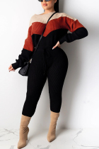 Red Casual Contrast Color Patchwork Belted Sweater Two Piece Suit