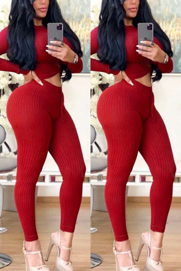 Red Sexy Patchwork HOLLOWED OUT Solid Two Piece Suits pencil Long Sleeve Two-piece Pants Set