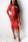 Red adult Sexy Fashion Cap Sleeve Long Sleeves Half-Open collar Step Skirt Knee-Length lace ho