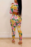 Yellow Sexy adult Fashion crop top Print Geometric asymmetrical Floral Skinny Two-piece Pants Se
