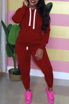 Burgundy Casual Solid Patchwork Hooded Collar Plus Size Two Pieces