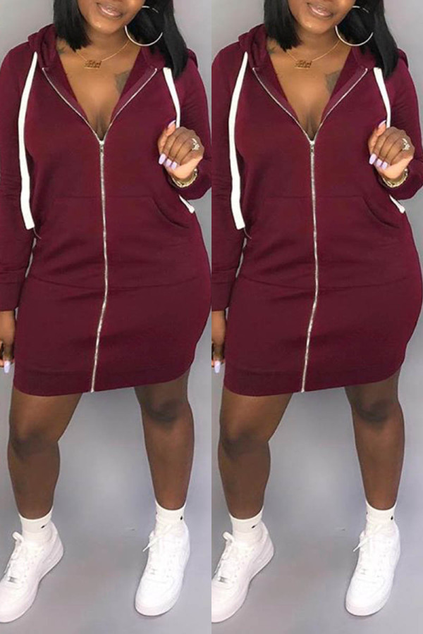 Wine Red Sexy Cap Sleeve Long Sleeves Hooded Step Skirt skirt Patchwork chain Solid Club Dresses