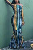Color Fashion Striped Printing Long Sleeve Slim Dress