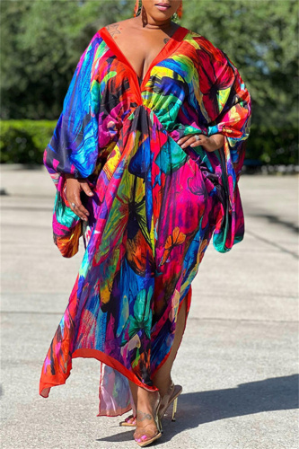 Rose Red Casual Print Patchwork V Neck Irregular Dress Plus Size Dresses